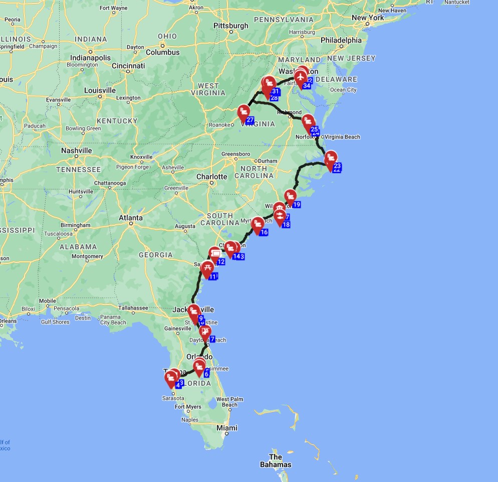 USA Campervan trip route from Tampa to Washington DC route planner